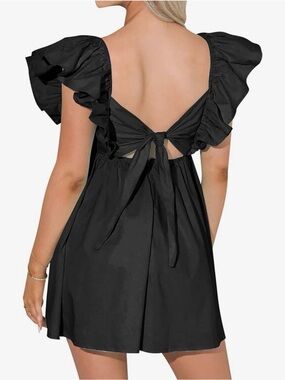Black Ruffle Sleeve Babydoll Mini Dress | Open Back Tie | NWOT